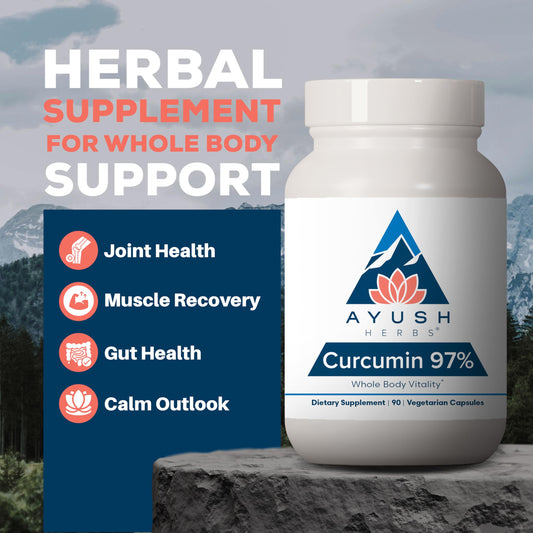 Ayush Herbs Curcumin 97% capsule close-up highlighting high curcuminoids