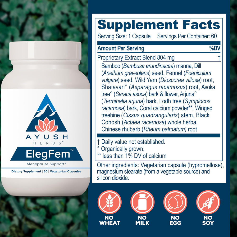 ElegFem label packaging emphasizing Shatavari and Arjuna ingredients