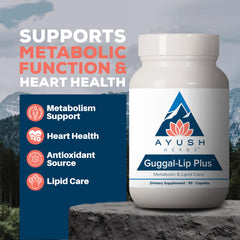 Ayush Herbs Guggal-Lip Plus bottle back with ingredients and usage guidance.