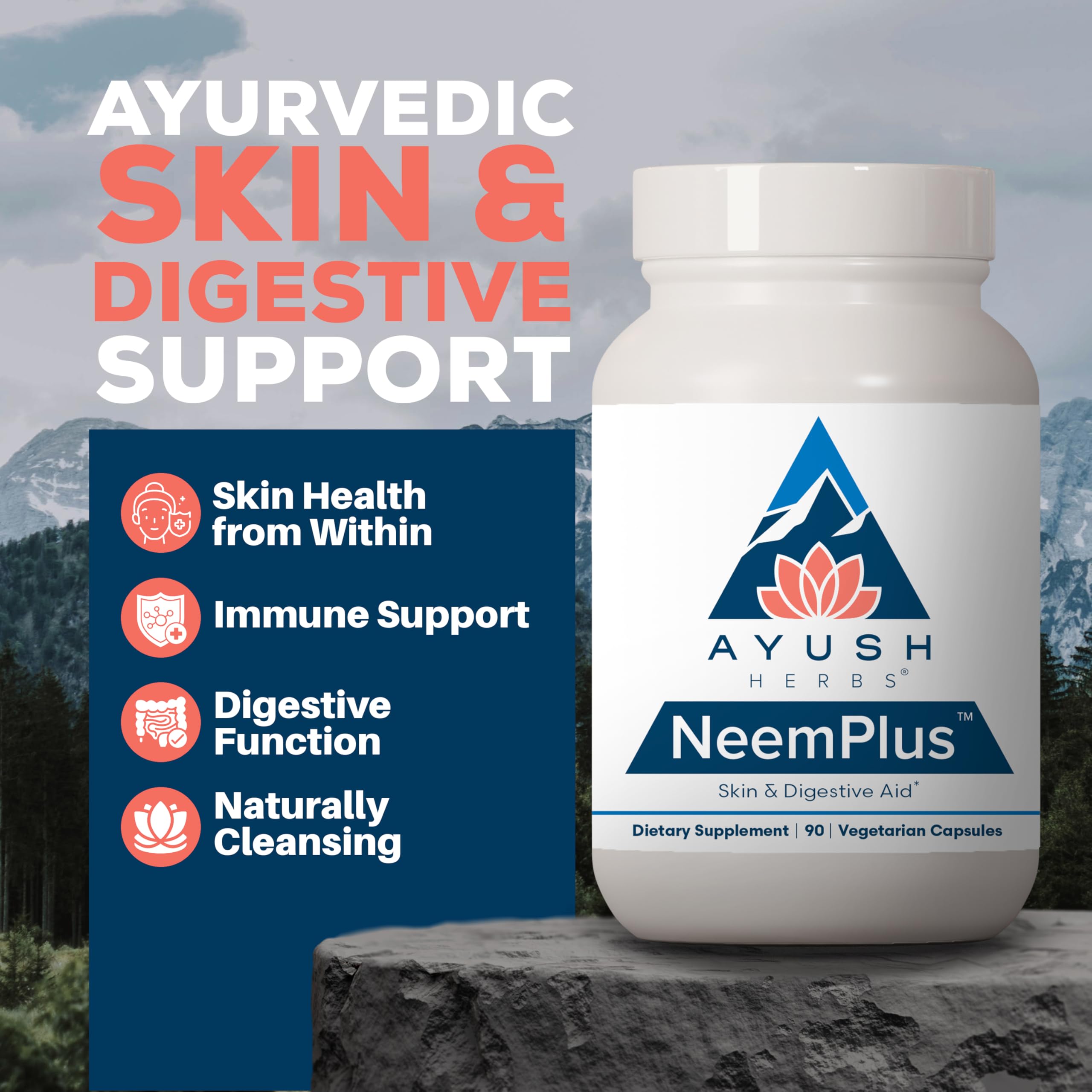 Ayush Herbs Neem Plus capsules in bottle for convenient digestion and skin health