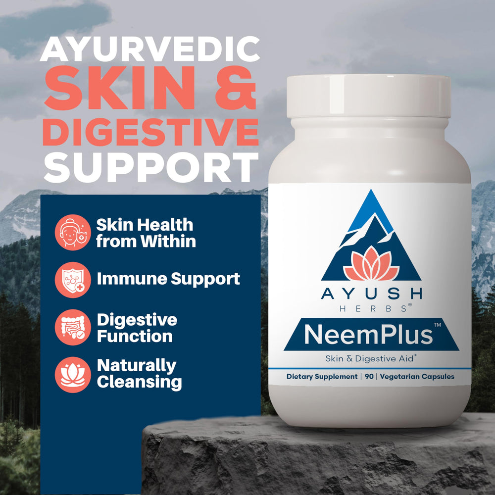 Ayush Herbs Neem Plus capsules in bottle for convenient digestion and skin health
