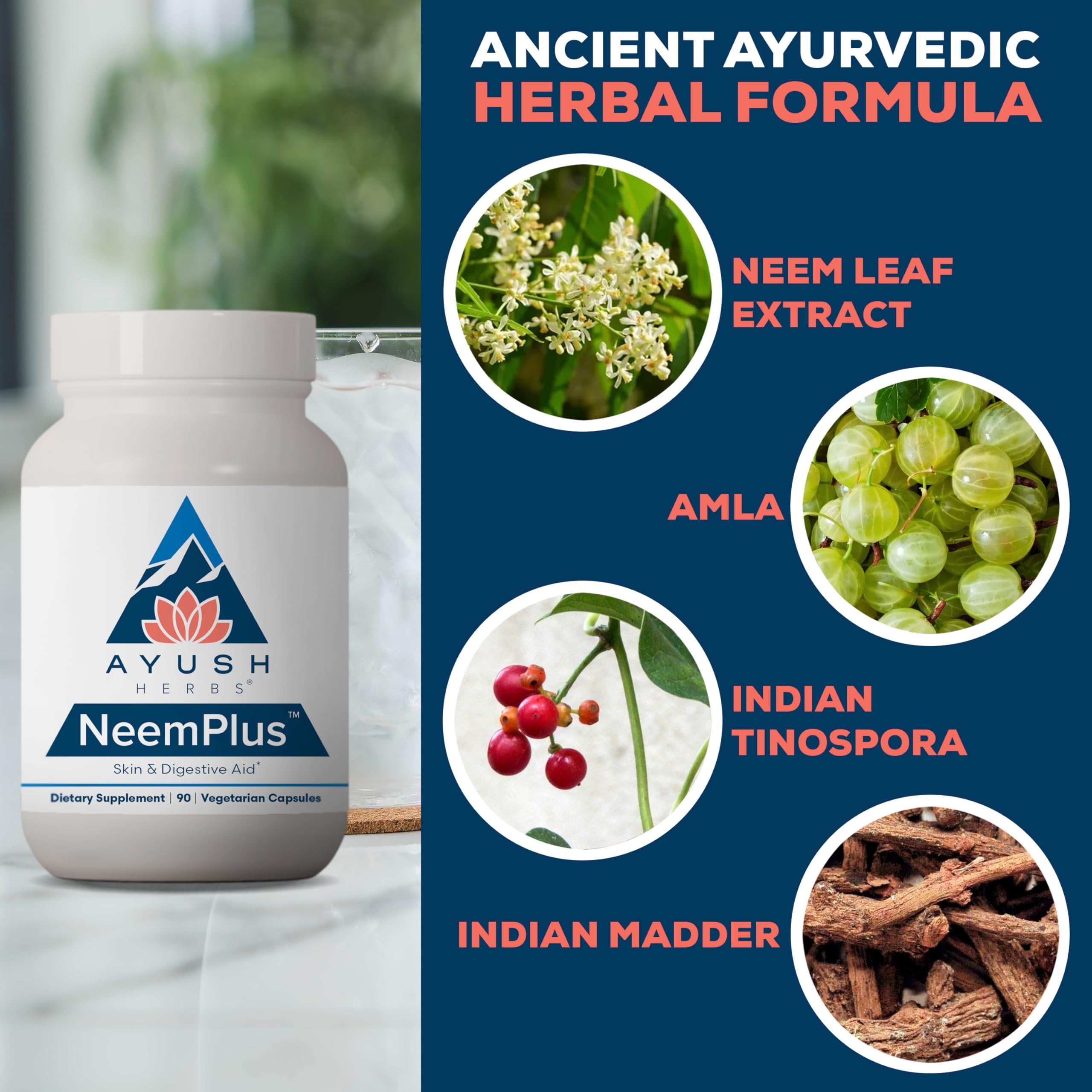 Ayush Herbs Neem Plus ingredient scene featuring neem, amla, and myrobalan