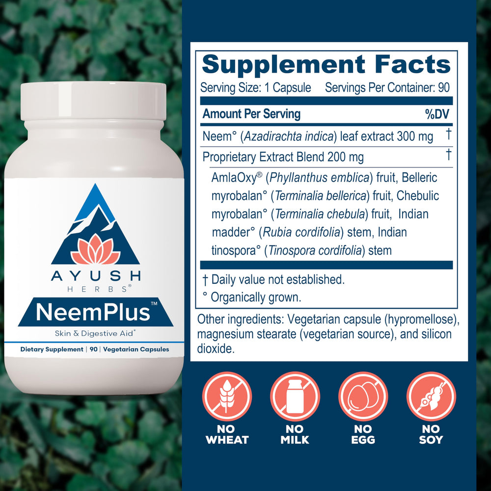 Ayush Herbs Neem Plus front label showing Ayurvedic blend for immune support