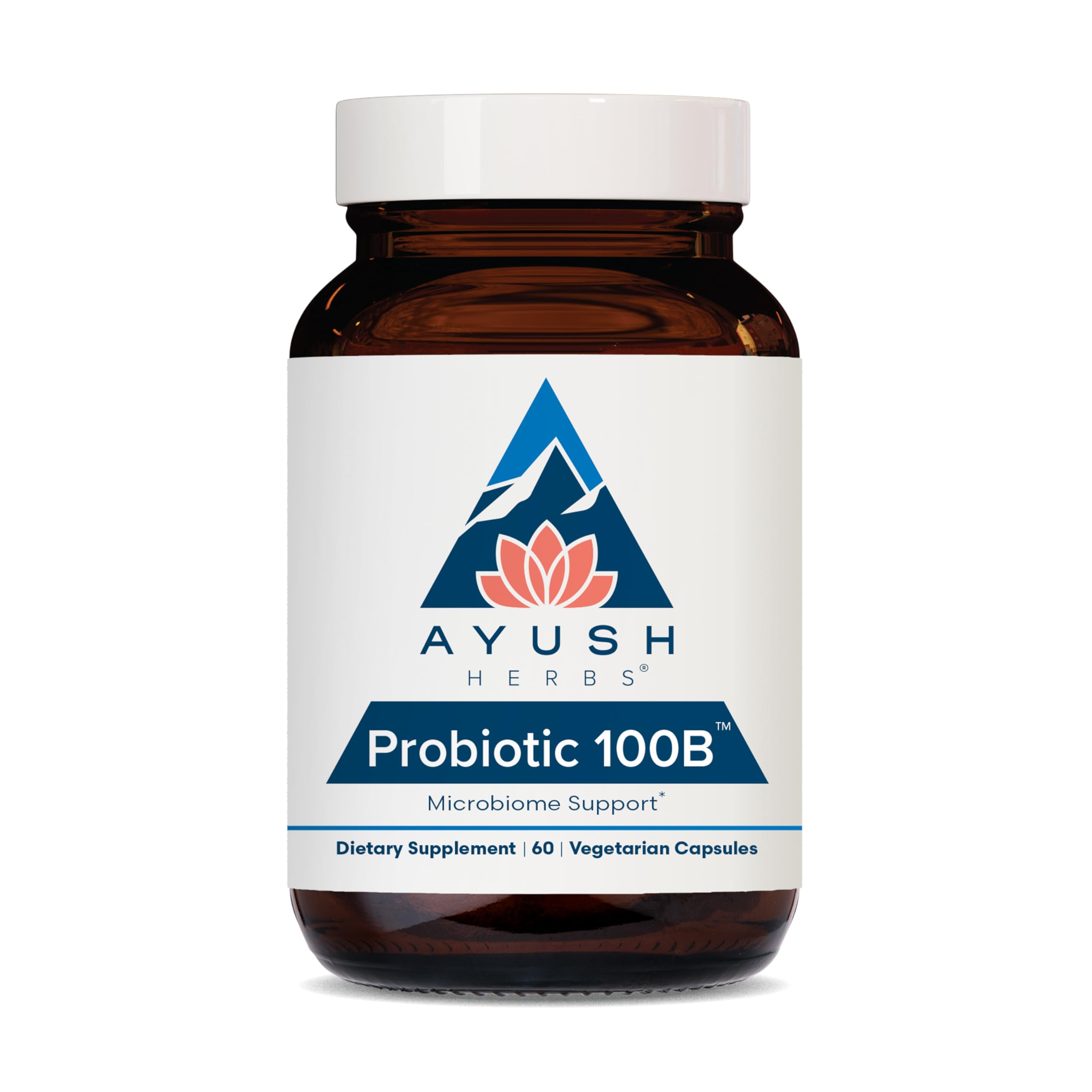 Ayush Herbs Probiotic 100B bottle showing packaging for digestive health