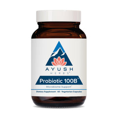 Ayush Herbs Probiotic 100B bottle showing packaging for digestive health