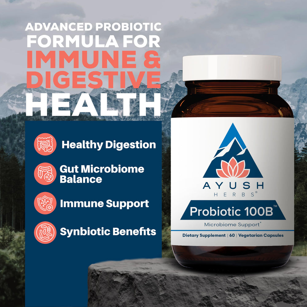 Ayush Herbs Probiotic 100B capsules on white background for daily gut balance