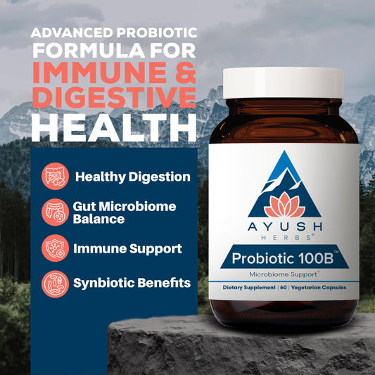 Ayush Herbs Probiotic 100B capsules on white background for daily gut balance