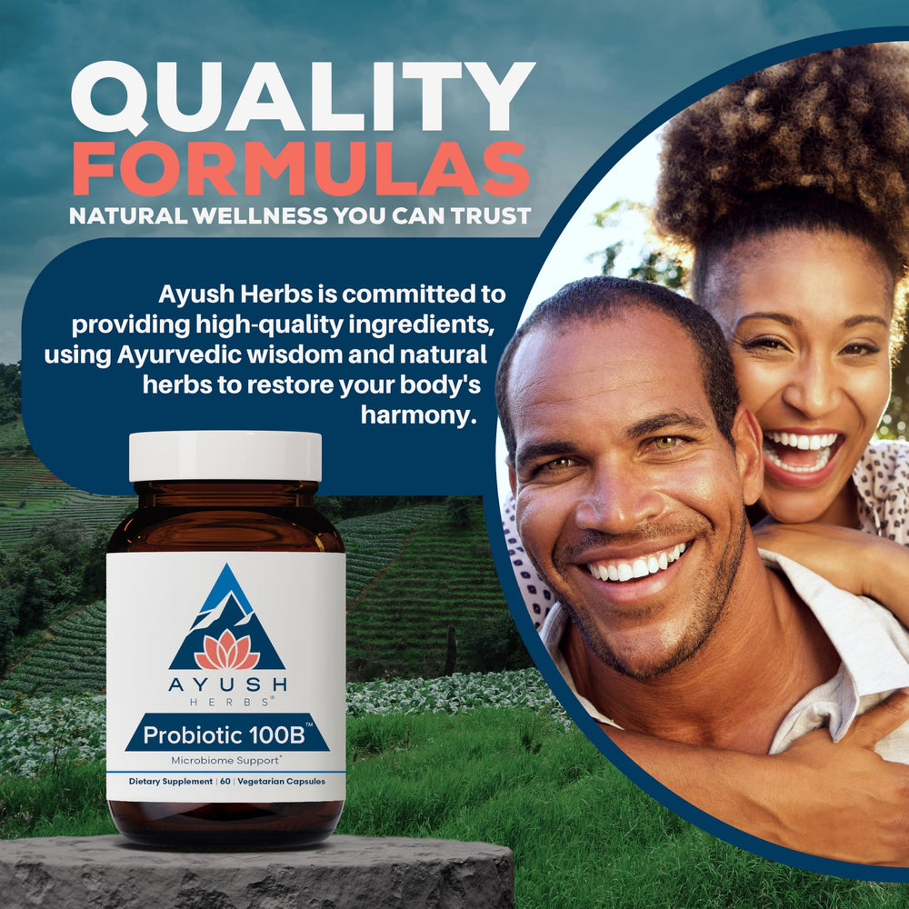 Ayush Herbs Probiotic 100B gut health illustration hinting microbiome balance