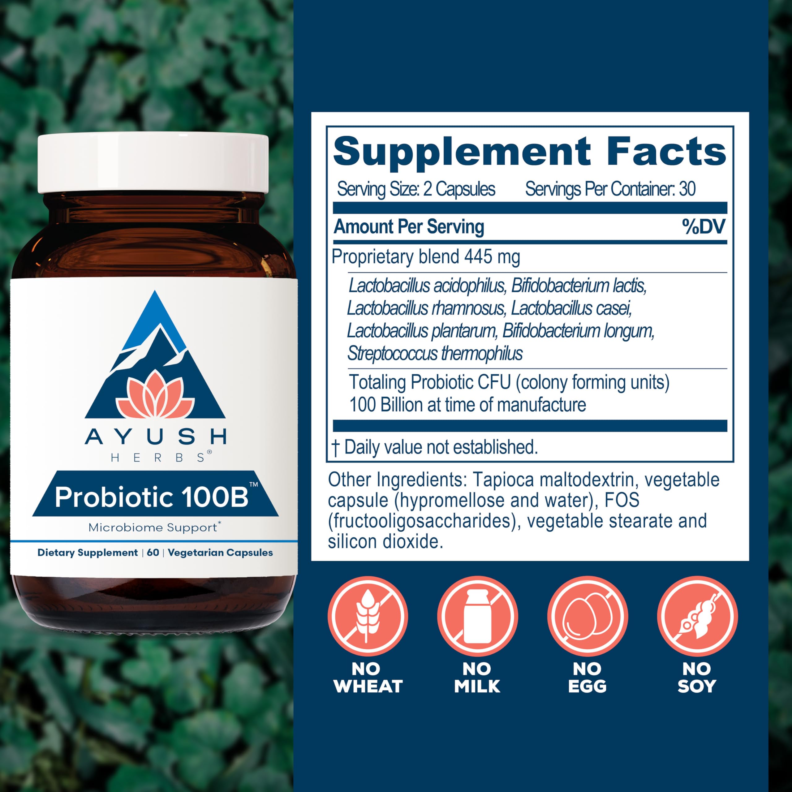 Ayush Herbs Probiotic 100B label close-up highlighting shelf-stable potency