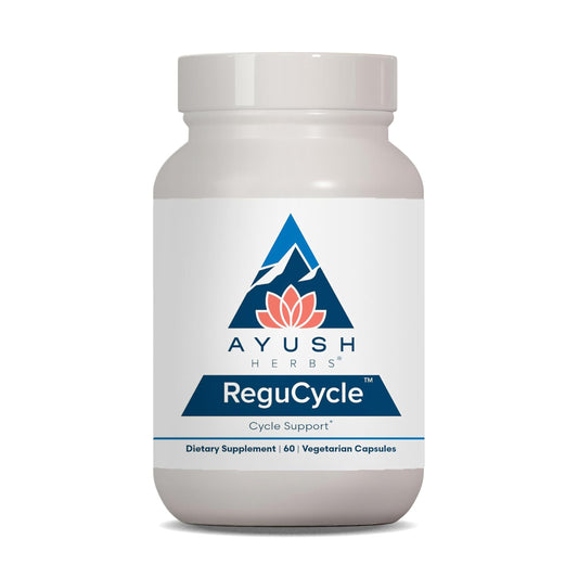 Ayush Herbs Regu-Cycle bottle pour — convenient dosage for daily cycle support.