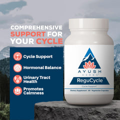 Ayush Herbs Regu-Cycle capsules — vegetarian formula supporting steady energy during your cycle.