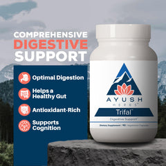 Ayush Herbs Trifal bottle pour showing convenient capsules for daily digestive balance