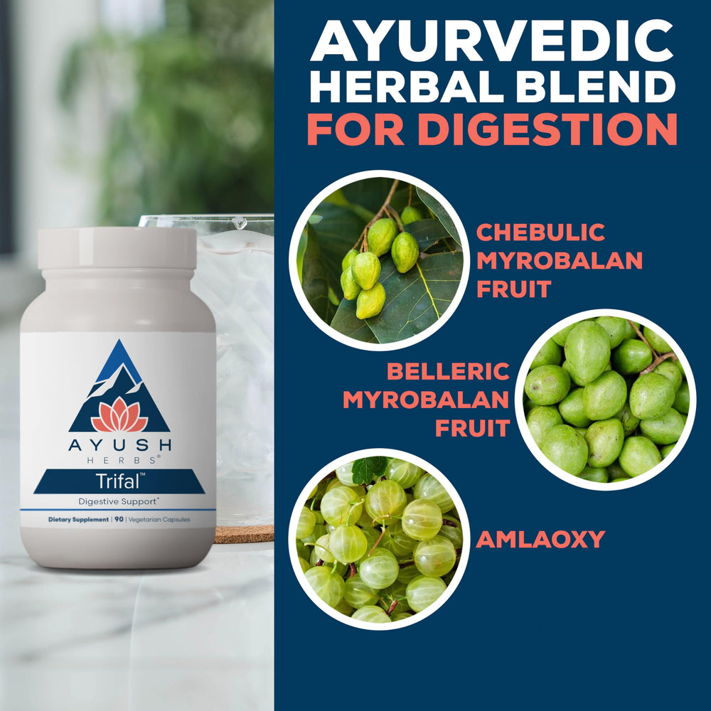 Ayush Herbs Trifal packaging highlighting organic ingredients for natural antioxidant support