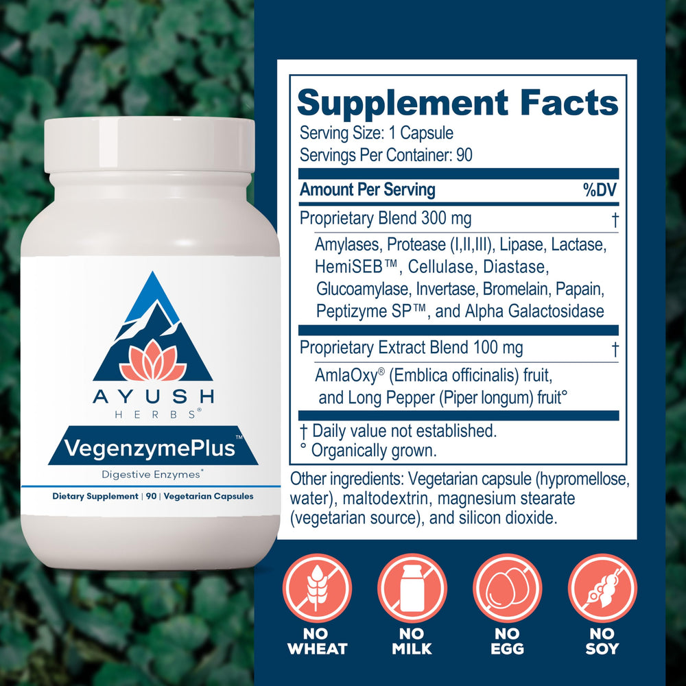 Ayush Herbs VegenzymePlus label detail highlights vegetarian enzyme blend benefit.