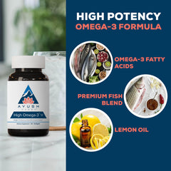 Ayush High Omega-3 bottle label with 60 softgels
