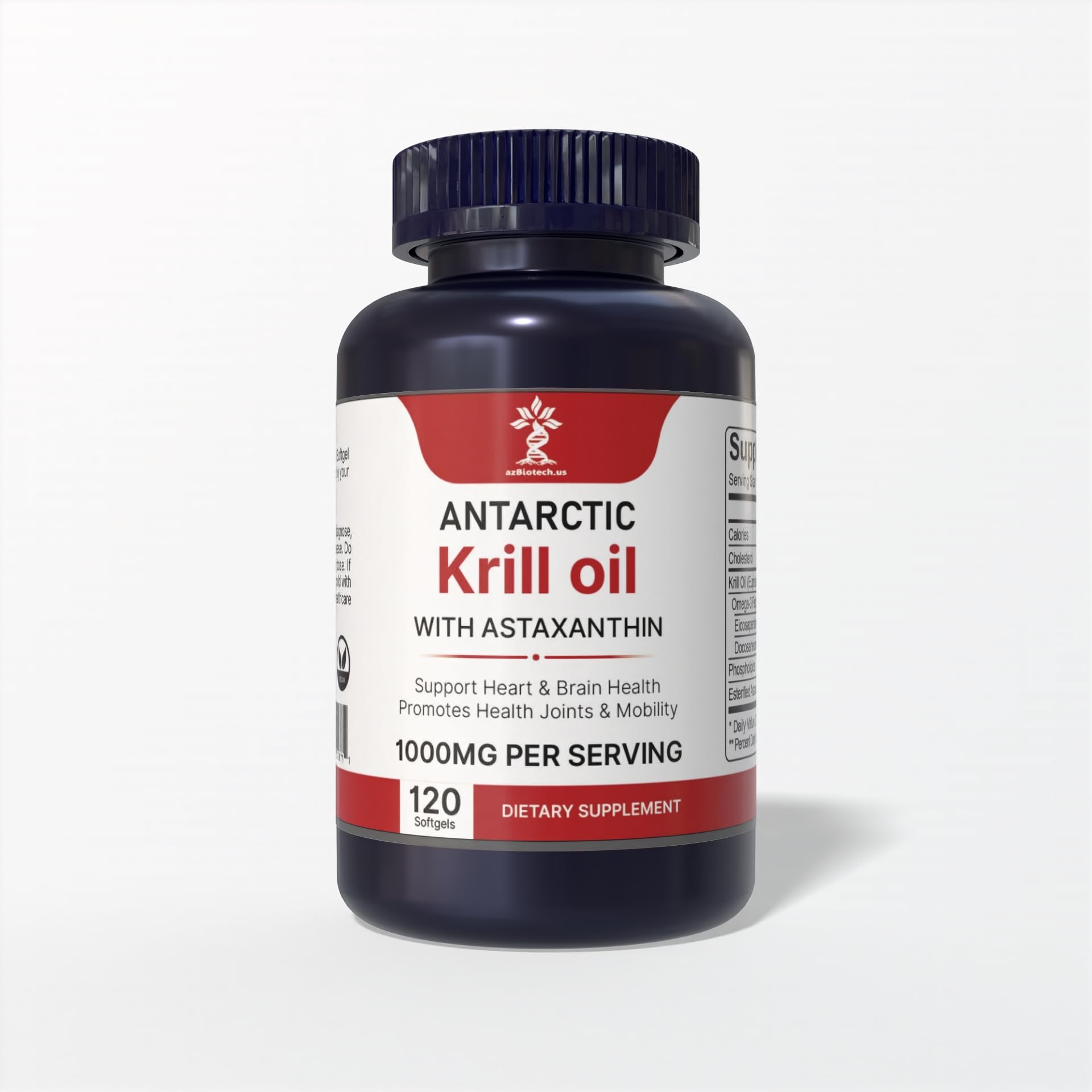 AZ BIOTECH Antarctic Krill Oil softgel bottle supports heart and cognitive wellness.