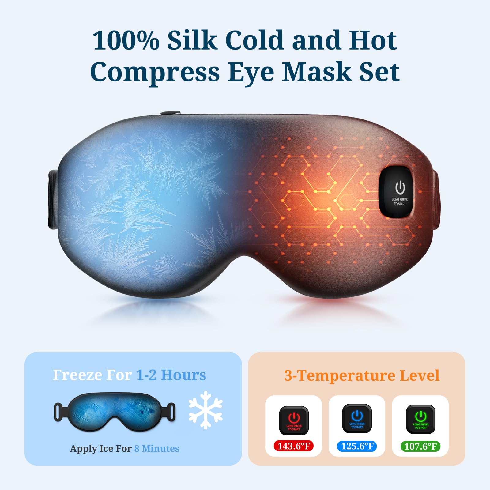 Azang eye mask demonstrates three heat settings for customizable comfort.