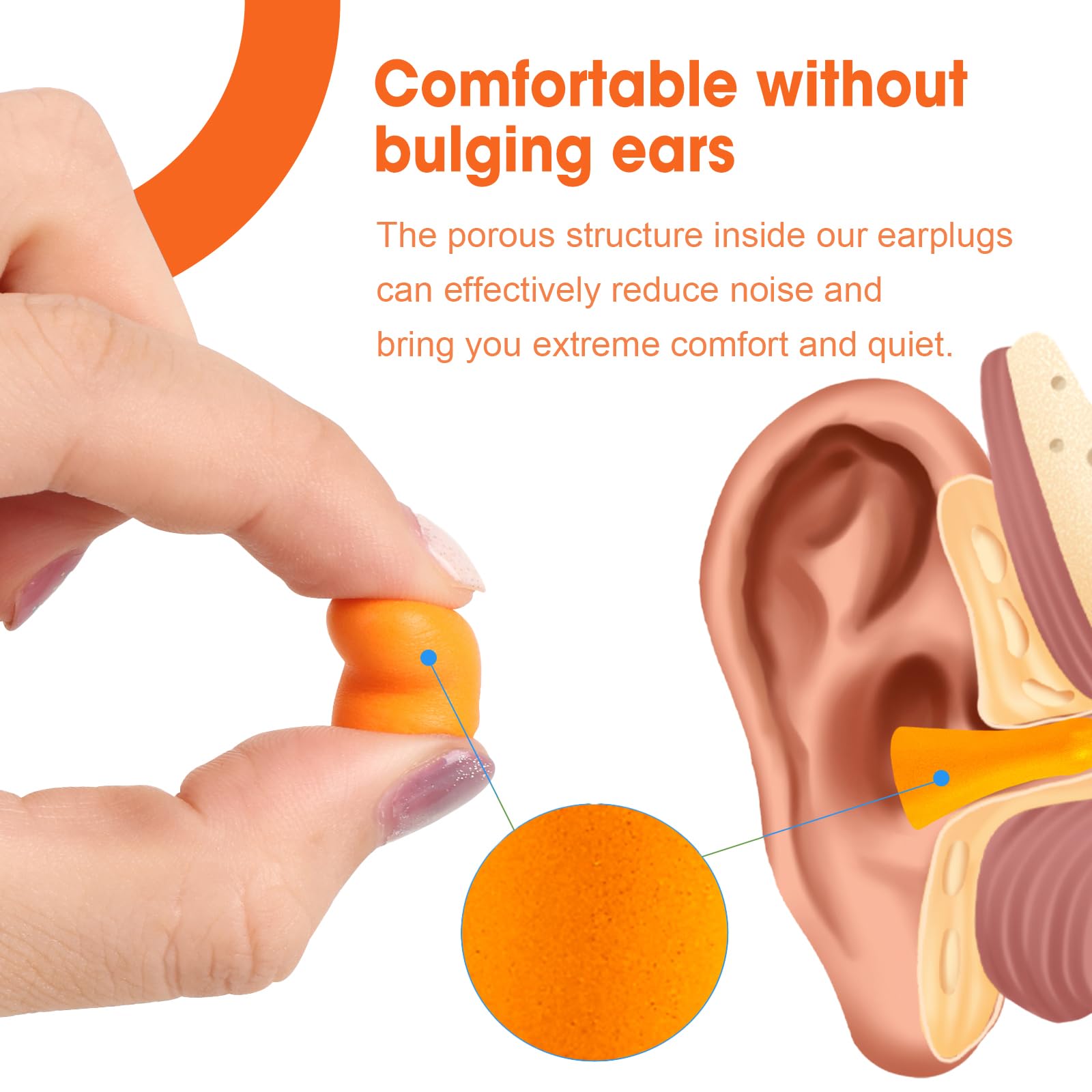 AZEN soft foam ear plugs inserted in ear for comfort.
