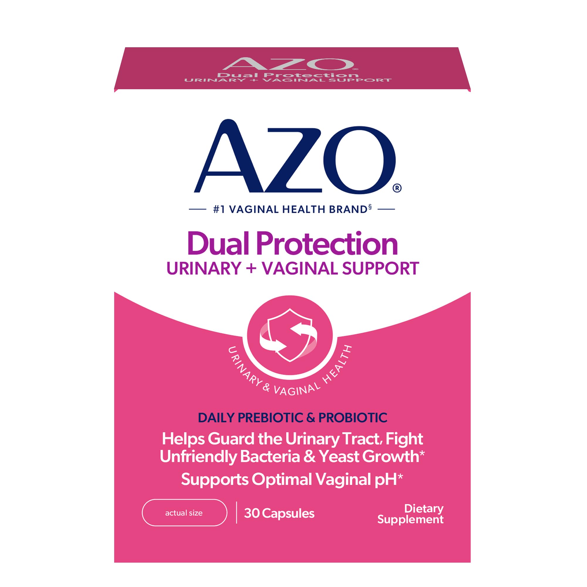 AZO Dual Protection bottle close-up highlighting easy daily use for feminine health