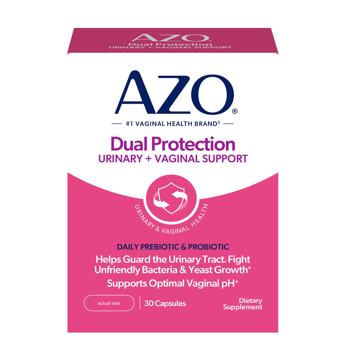 AZO Dual Protection bottle close-up highlighting easy daily use for feminine health