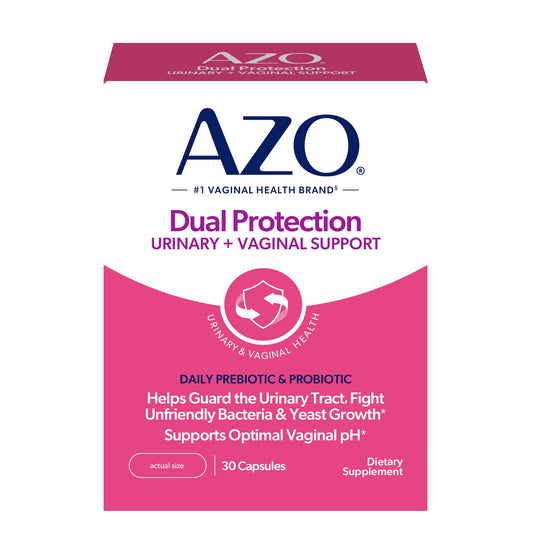 AZO Dual Protection bottle close-up highlighting easy daily use for feminine health