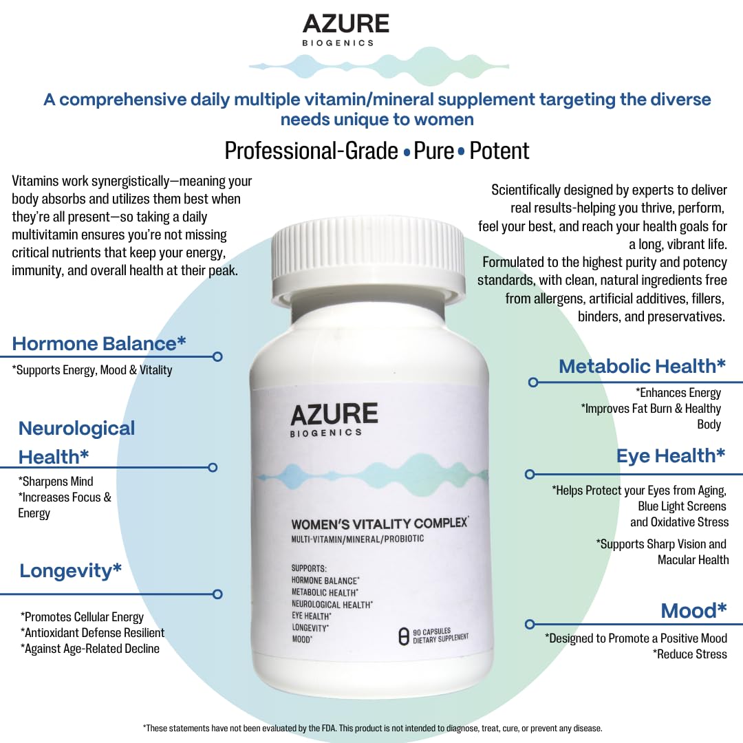 Azure Biogenics All-in-One Multivitamin capsules promote immune support and energy.