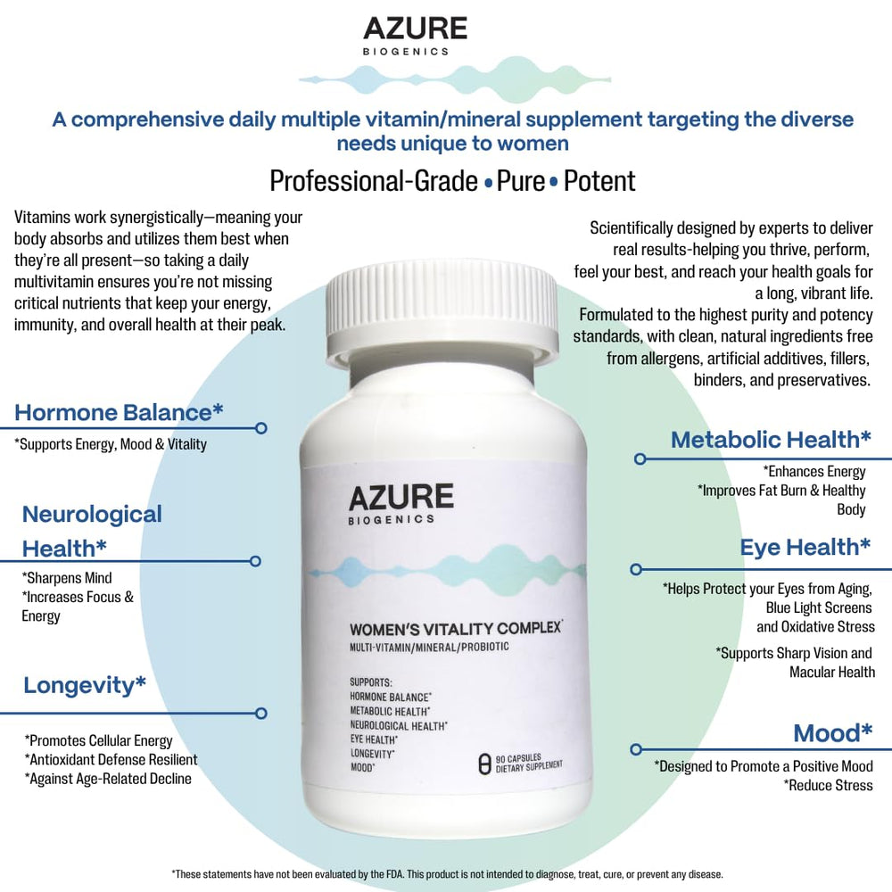 Azure Biogenics All-in-One Multivitamin capsules promote immune support and energy.