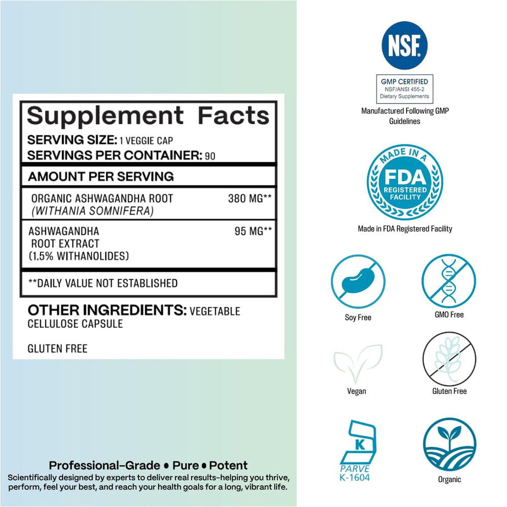 Azure Biogenics full-spectrum ashwagandha root highlighting focus and memory support.