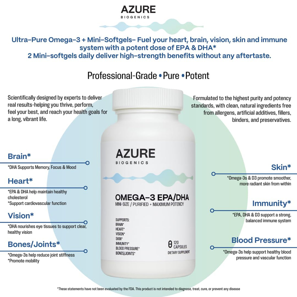 Azure Biogenics Omega-3 bottle pour image shows convenient daily serving for enhanced wellness.