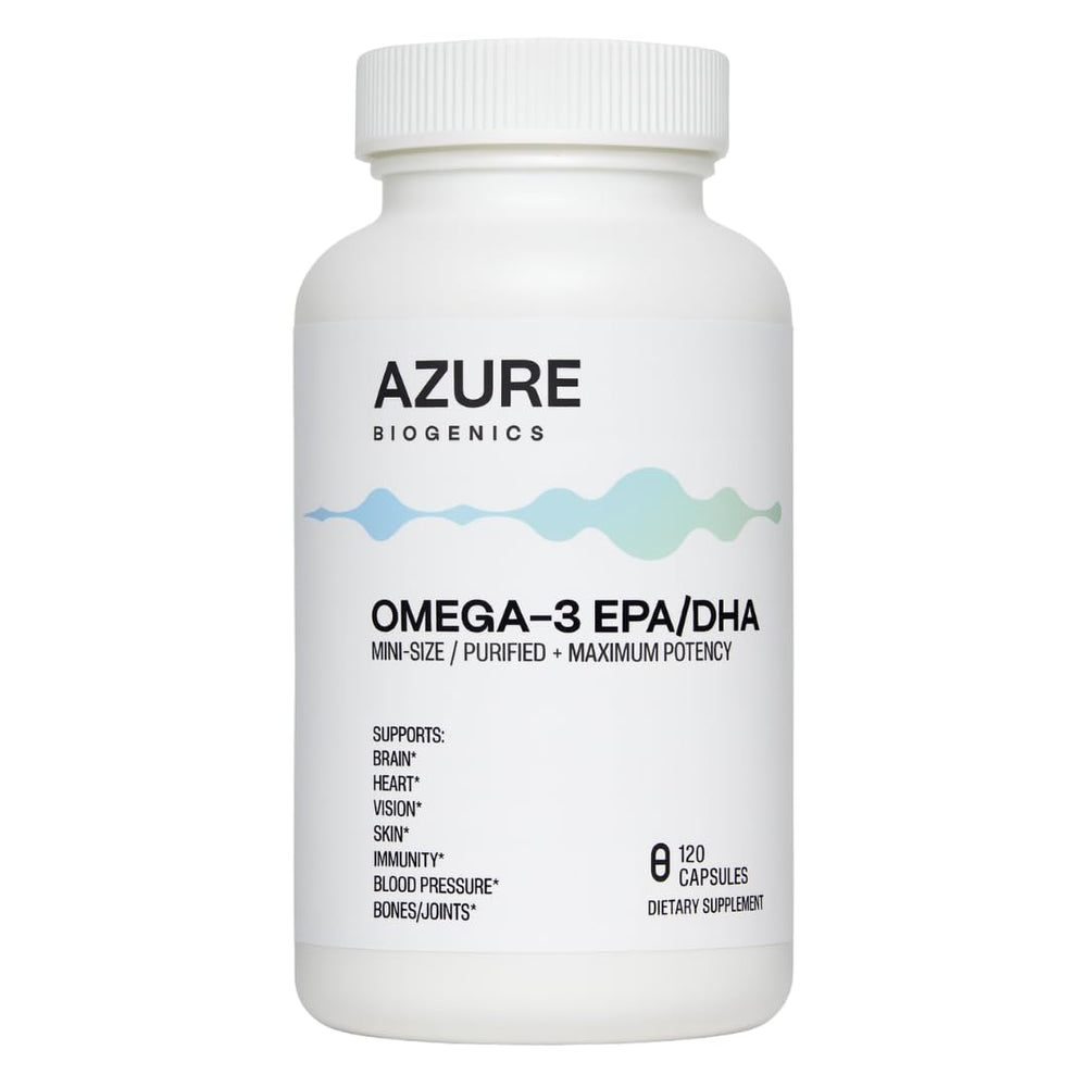 Azure Biogenics Omega-3 mini softgels offer easy daily use for potential brain and heart support.