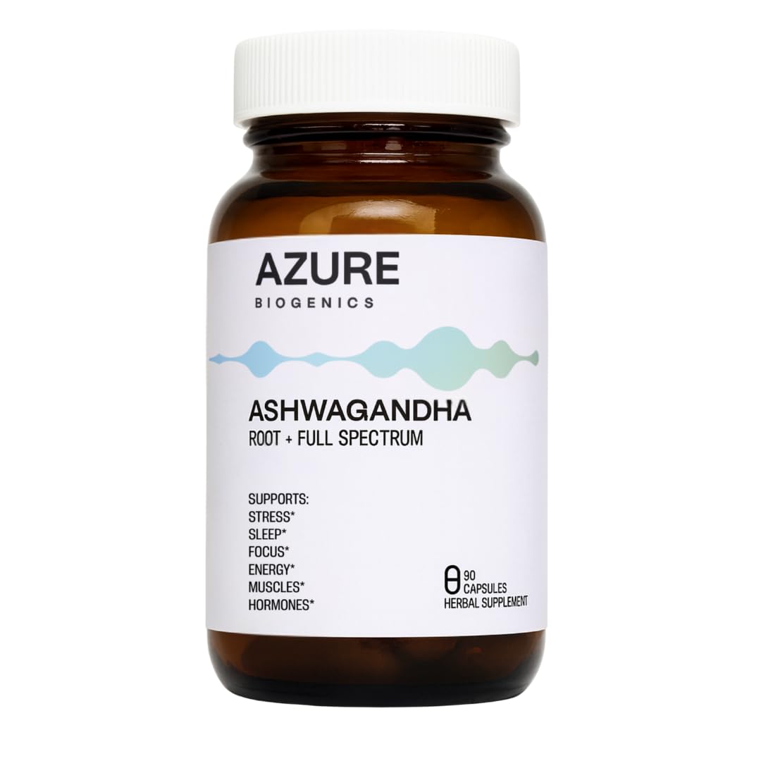 Azure Biogenics organic ashwagandha bottle suggesting daily stress balance and calm focus.