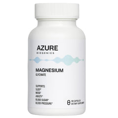 Azure Biogenics Pure Magnesium Glycinate bottle for daily relaxation and sleep support.