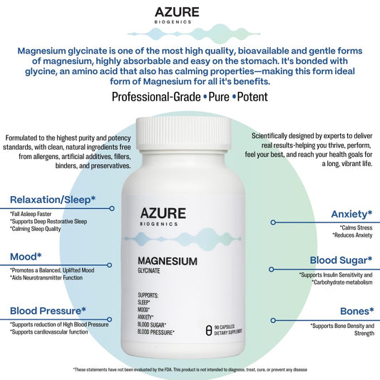 Azure Biogenics magnesium glycinate capsules highlight gentle absorption for muscle comfort.