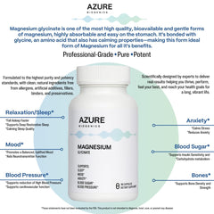 Azure Biogenics magnesium glycinate capsules highlight gentle absorption for muscle comfort.