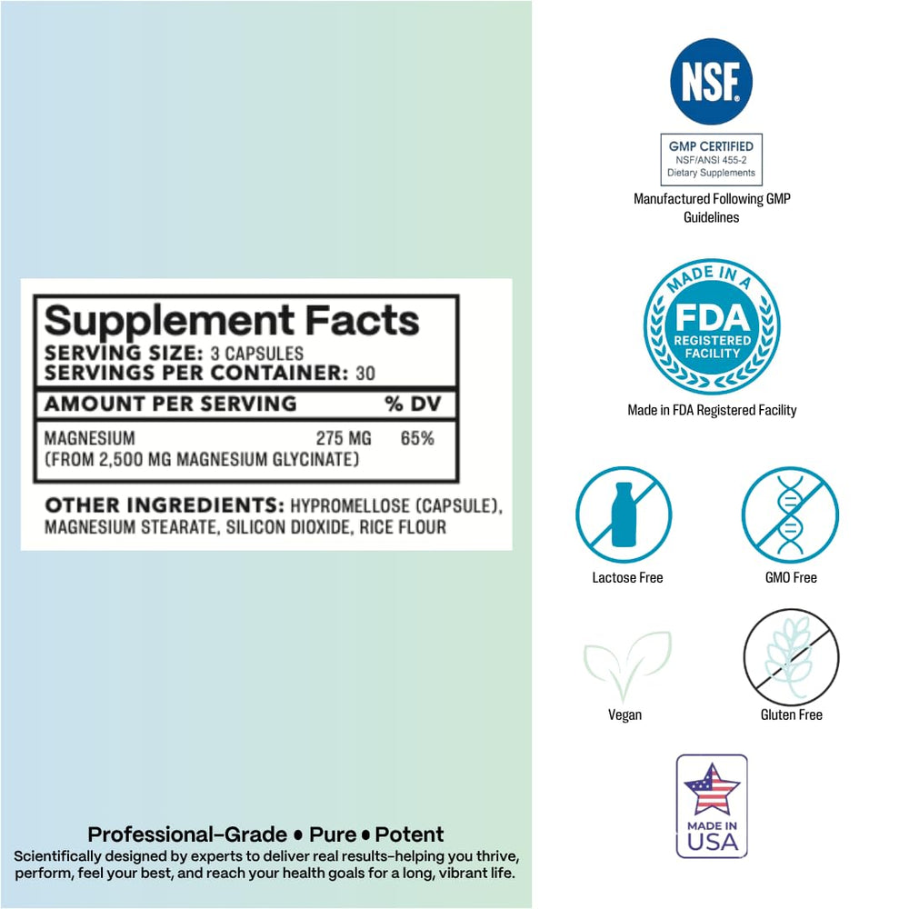 Closeup of Azure Biogenics magnesium glycinate capsules, chelated for high absorption.