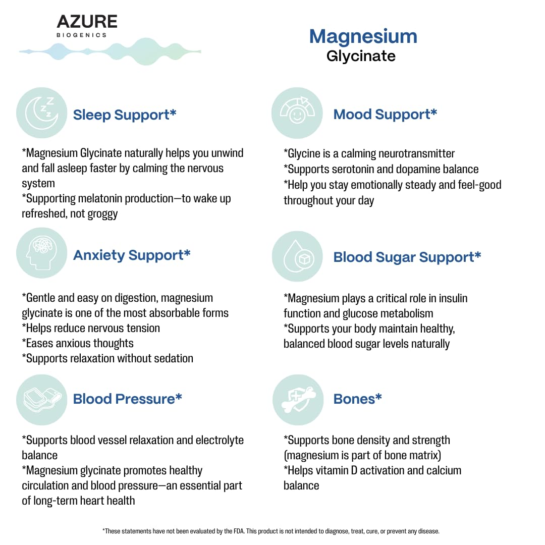 Azure Biogenics label shows vegan, clean magnesium glycinate formula.