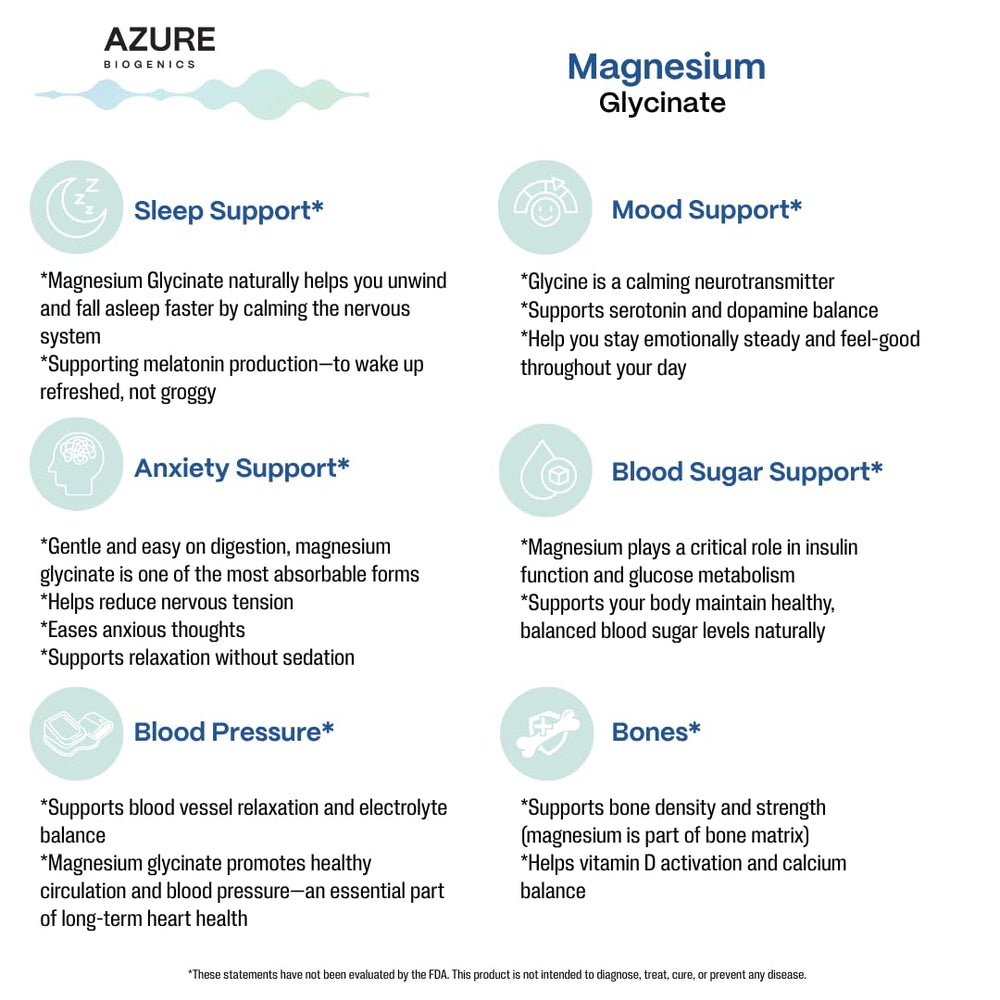 Azure Biogenics label shows vegan, clean magnesium glycinate formula.