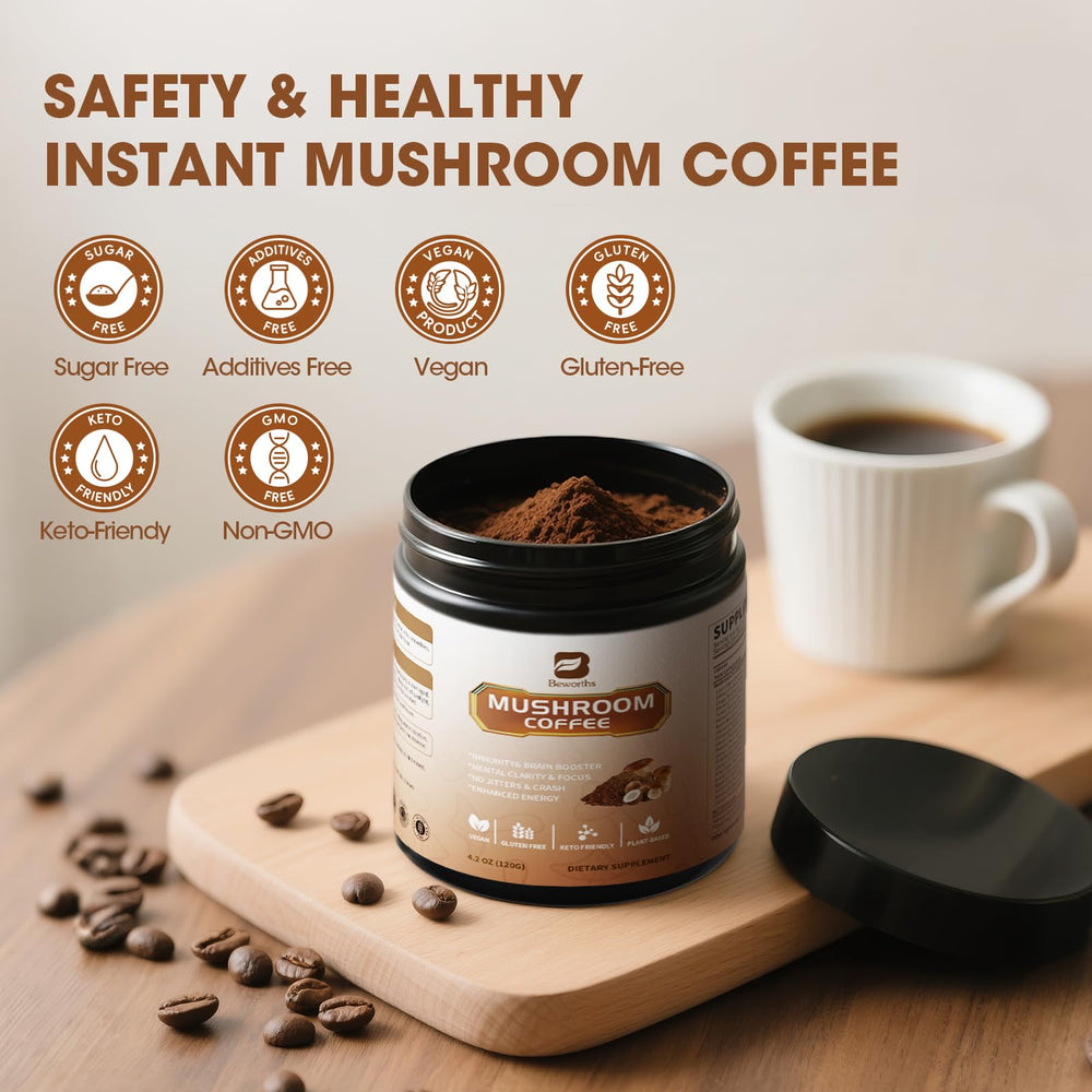B BEWORTHS mushroom coffee steam with cacao-arabica aroma.
