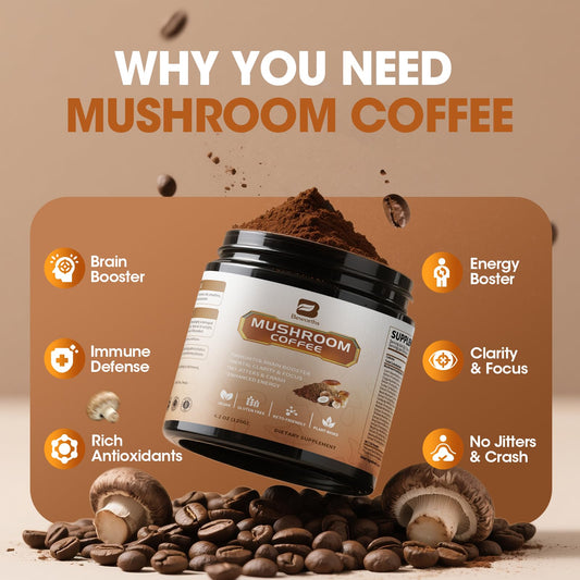 B BEWORTHS mushroom coffee powder tub close-up for quick energy.