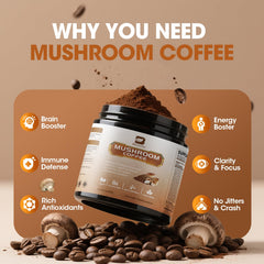 B BEWORTHS mushroom coffee powder tub close-up for quick energy.