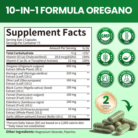 B BEWORTHS oregano oil capsules close-up showing capsules and bottle