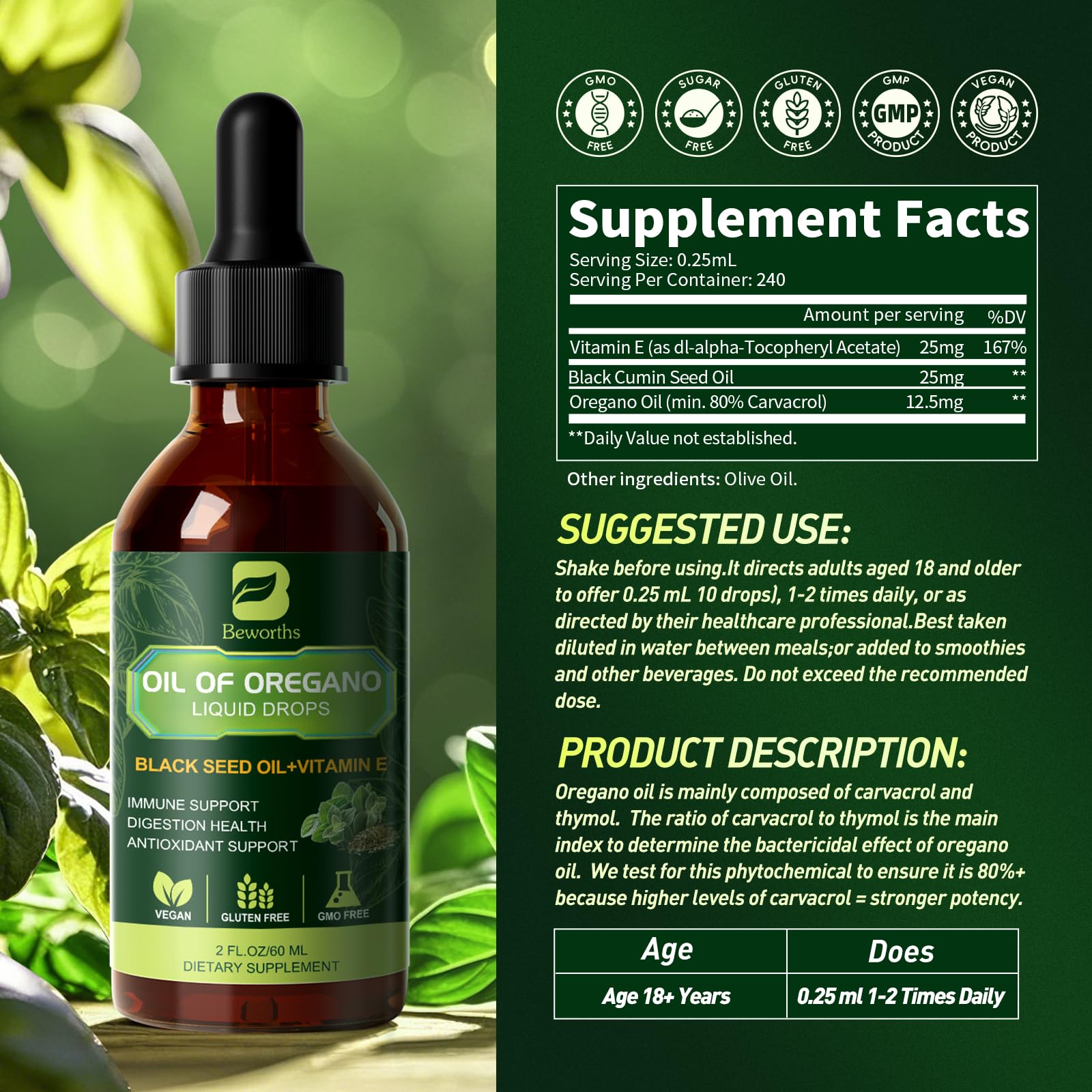 Close-up of B BEWORTHS oregano oil drops dropper