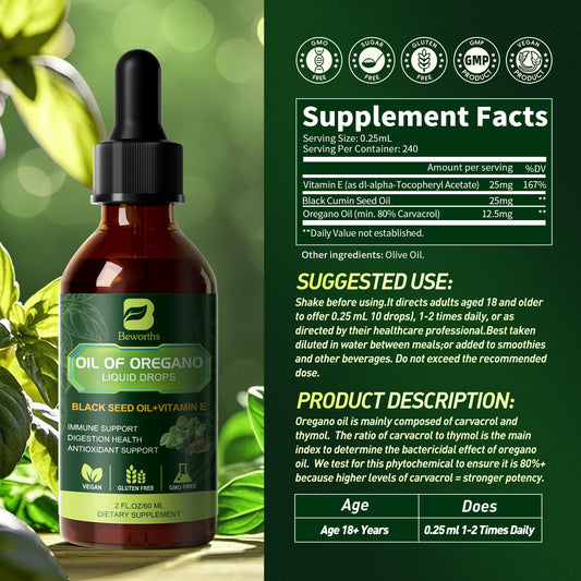 Close-up of B BEWORTHS oregano oil drops dropper