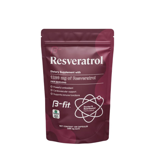 B-FIT B Resveratrol bottle on a kitchen counter supporting a daily antioxidant routine.