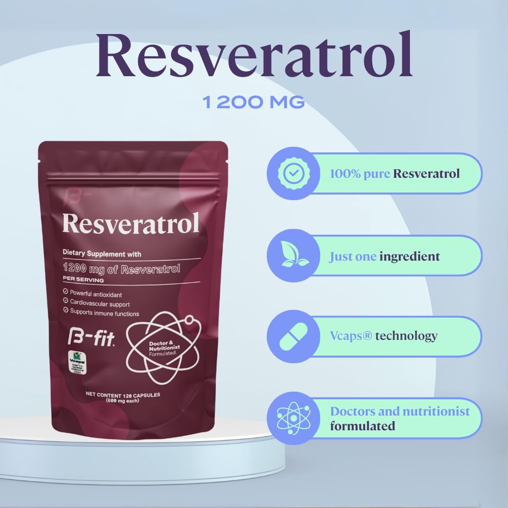 Close-up of B-FIT B Resveratrol capsules for convenient vegan daily use.