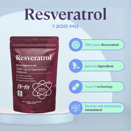 Close-up of B-FIT B Resveratrol capsules for convenient vegan daily use.