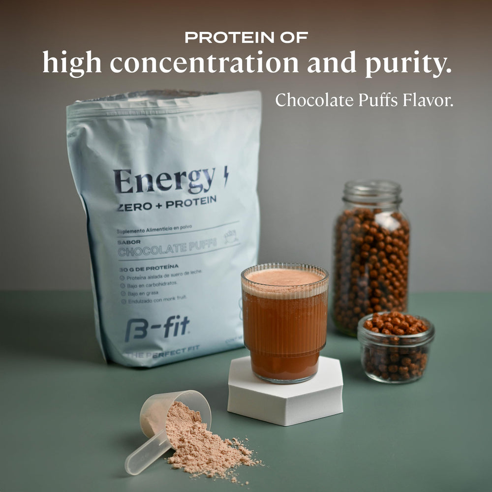 Glass of protein shake made with B-FIT B Whey Zero Chocolate Puffs