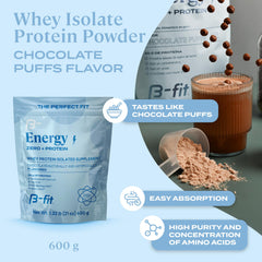 Scoop of B-FIT B Whey Zero Chocolate Puffs powder ready to mix
