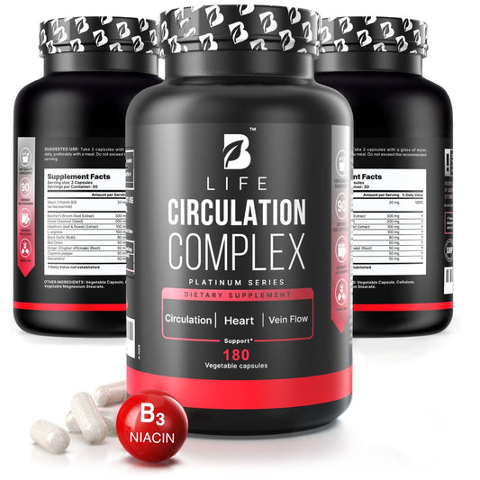 B Life Circulation Complex bottle front with 180 capsules for daily circulation support.