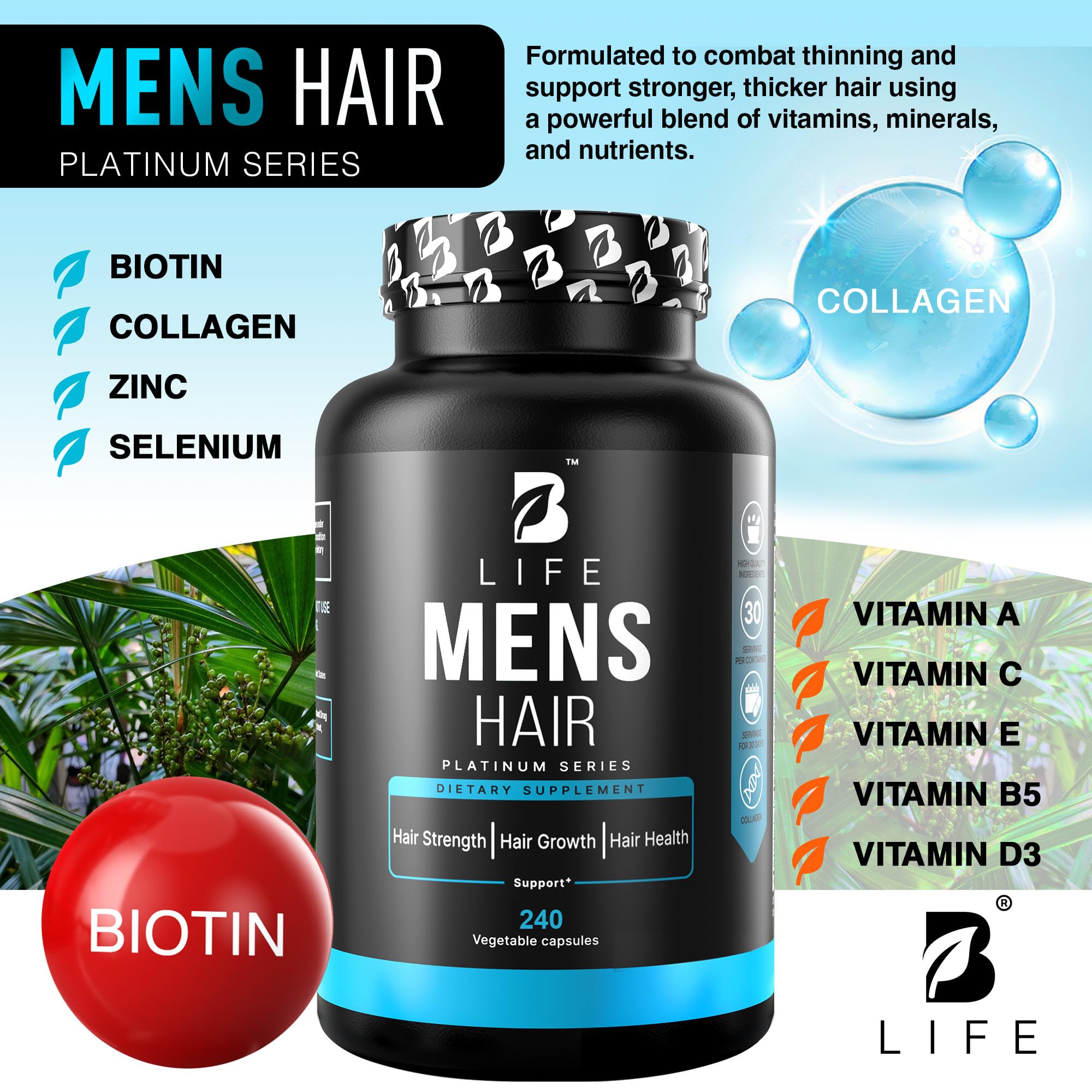 B Life Company hair growth capsules close-up with biotin and collagen